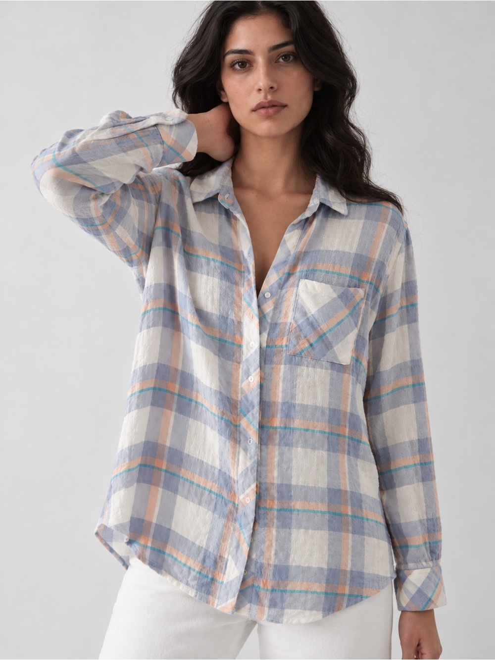 Rails Brady White Periwinkle Peach Plaid Button Down Shirt Costal Medium